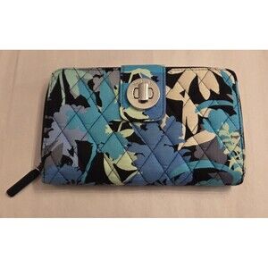 Vera Bradley Quilted Zip Around Wallet Blue Teal Floral Turn Lock Organizer